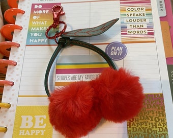 Faux Fur Red Cherry Keychain with Metallic Red Lobster Clasp Purse Accessory