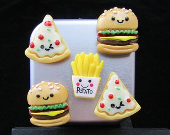 Hamburger and Friends Fridge Magnet Set of 5: 2 Happy Hamburgers, 2 Winking Pizzas, 1 Smiling French Fries
