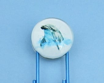 Watercolor Dolphin on 4-inch Blue Paper Clip, Double Sided Ocean Lover Bookmark
