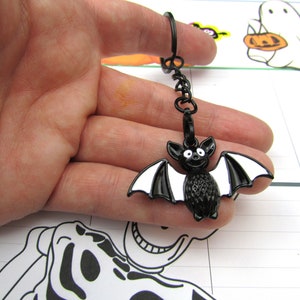 Black and White Bat on Black Keychain with Split Ring, Summerween Bag Charm of Smiling Bat