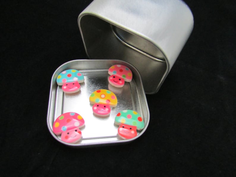 Fridge Magnet Set of Kawaii Smiling Mushrooms made with strong neodymium magnets in a gift tin 478