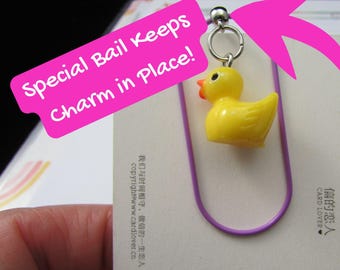 1 Yellow Duck Paper Clip Bookmark on Wide Purple Paper Clip with Soft Grip to Keep Pages Neat, Special Bail Keeps Charm in Place