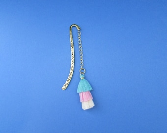 3 Tier Blue Pink White Tassel Gold Metal Hook Bookmark