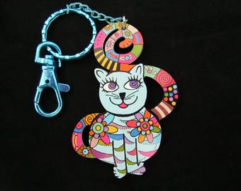 Blue Curly Tail Cat with flowers on Blue Lobster Clasp Keychain, Kawaii Backpack Bag Charm