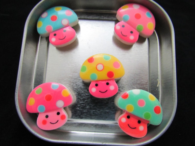 Fridge Magnet Set of Kawaii Smiling Mushrooms made with strong neodymium magnets in a gift tin 478