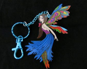 Blue Fairy on Blue Lobster Clasp Keychain, Pretty Pixie Kawaii Backpack Bag Charm