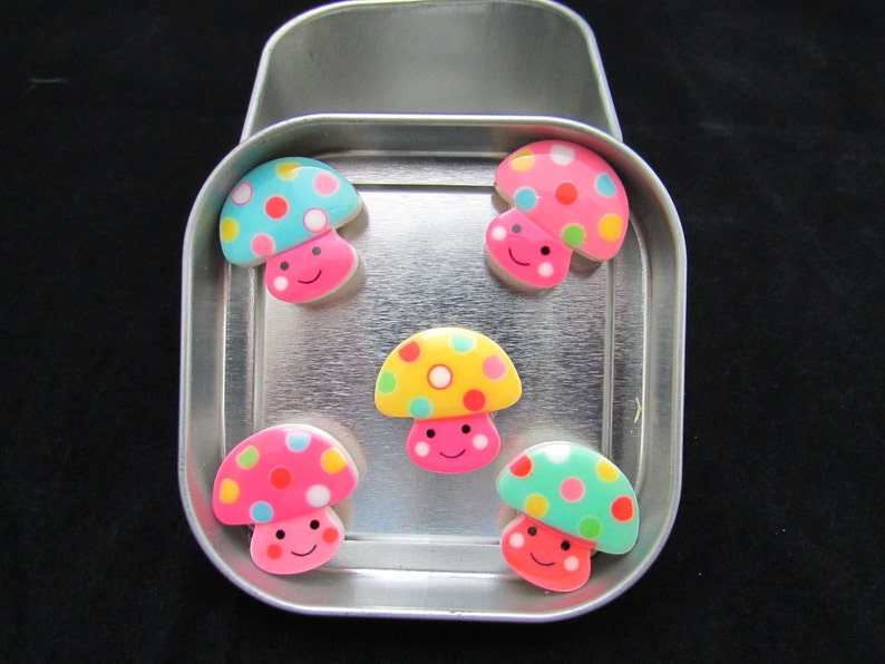 Fridge Magnet Set of Kawaii Smiling Mushrooms made with strong neodymium magnets in a gift tin 478