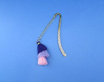 Purple and Pink Tassel Metal Hook Bookmark, Bookish Gift for Reader Booklover, Gold Color Book Mark with Tassel