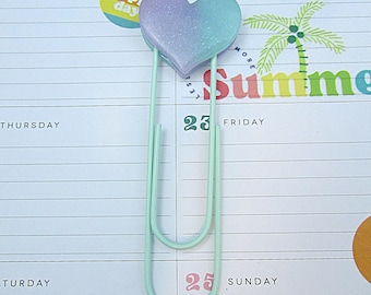 Large Purple & Green Heart on 4 inch Pastel Green Paper Clip Bookmark