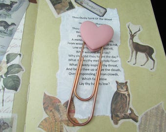 Dusky Pink Heart Paper Clip Bookmark 4 inches long