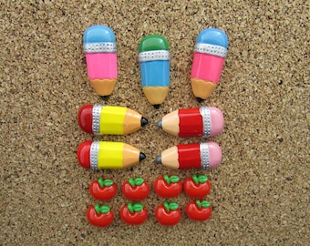 Pencils & Apples Push Pin Set of 15, Cute Classroom Decor for Teacher Appreciation Gift