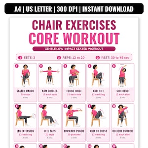 Könnte beinhalten: Ein digitales Poster mit dem Titel CHAIR EXERCISES CORE WORKOUT, das zehn nummerierte Illustrationen einer Person in einem rosa Oberteil und grauer Hose zeigt, die Sitzübungen auf einem Holzstuhl ausführt, inklusive Angaben zu Sätzen und Wiederholungen.