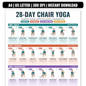 Könnte beinhalten: Ein 28-Tage-Stuhl-Yoga-Übungsplan mit Illustrationen von Übungen im Sitzen. Das Dokument enthält Abschnitte für Aufwachen, Stärken sowie Dehnen und Fließen, mit täglichen Aufgaben, Kontrollkästchen und Anleitungen für Senioren und Anfänger.