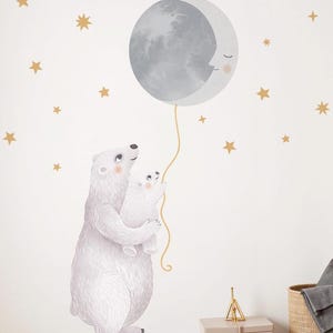 Nursery Polar Bear and Moon Wall Decal, Nursery Wall Decor, Moon and Star Sticker, Kids Decals, Bear Wall Art, Peel and Stick, Wall Decals