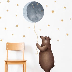 Bear and Moon Wall Decal, Nursery Wall Mural, Moon and Stars Decor, Nursery Wall Decor, Boy&#39;s Room Decor, Girl&#39;s Room Decor, Wall Decals