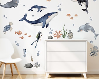 Ocean Animal Wall Decals,  Sea Life Wall Stickers, Watercolor Sea Life Nursery Decor, Boy's Room Decor, Kids Room Wall Art, Whale Wall Decal