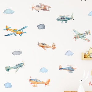 Watercolor Aircraft Wall Decal, Airplane and Helicopter Wall Sticker, Boy&#39;s Room Wall Decal, Airplane Wall Decor, Nursery Decor, Wall Art