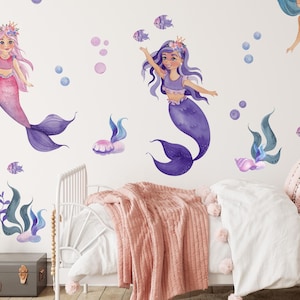 Watercolor Mermaids Ocean Animals Wall Decal, Nursery Wall Decal, Girl&#39;s Room Decor, Mermaid Wall Decor, Wall Art, Mermaid Girls Sticker