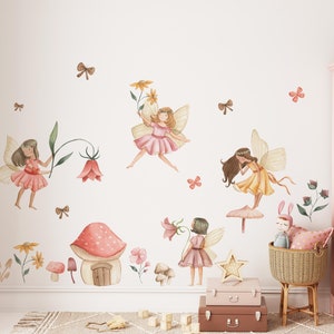 Watercolor Fairy Girls Wall Decal, Nursery Fairy Wall Sticker, Kids Wall Decal, Kids Wall Sticker, Girl&#39;s Room Decor, Home Decor, Wall Art