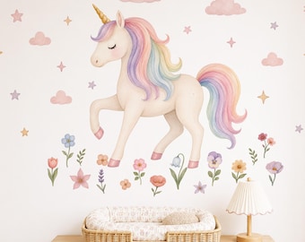 Sticker mural licorne, stickers muraux aquarelle pour chambre d'enfant, décoration licorne arc-en-ciel pastel, sticker fleur, décoration murale amovible pour enfants, art mural licorne
