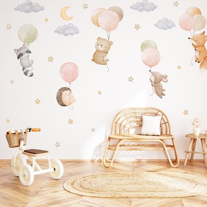 Watercolor Jungle Animal Wall Decal, Nursery Wall Decal, Cloud Wall Decal, Stars Wall Sticker, Nursery Decor, Animal Decals, Peel and Stick