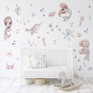 Mermaid Wall Stickers for Girl&#39;s Room, Nursery Wall Decor, Mermaid Wall Art, Sea Animals Decal, Under the Sea Decal, Nursery Decals