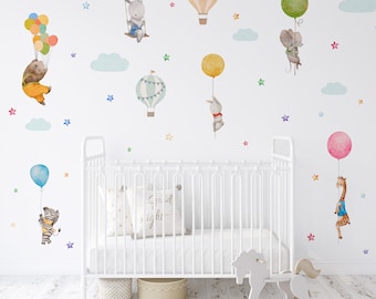 Watercolor Jungle Holding Balloon, Cloud and Colorful Stars Decal, Nursery Wall Decor, Kids Decals, Jungle Decals, Cloud Decal, Stars Decal