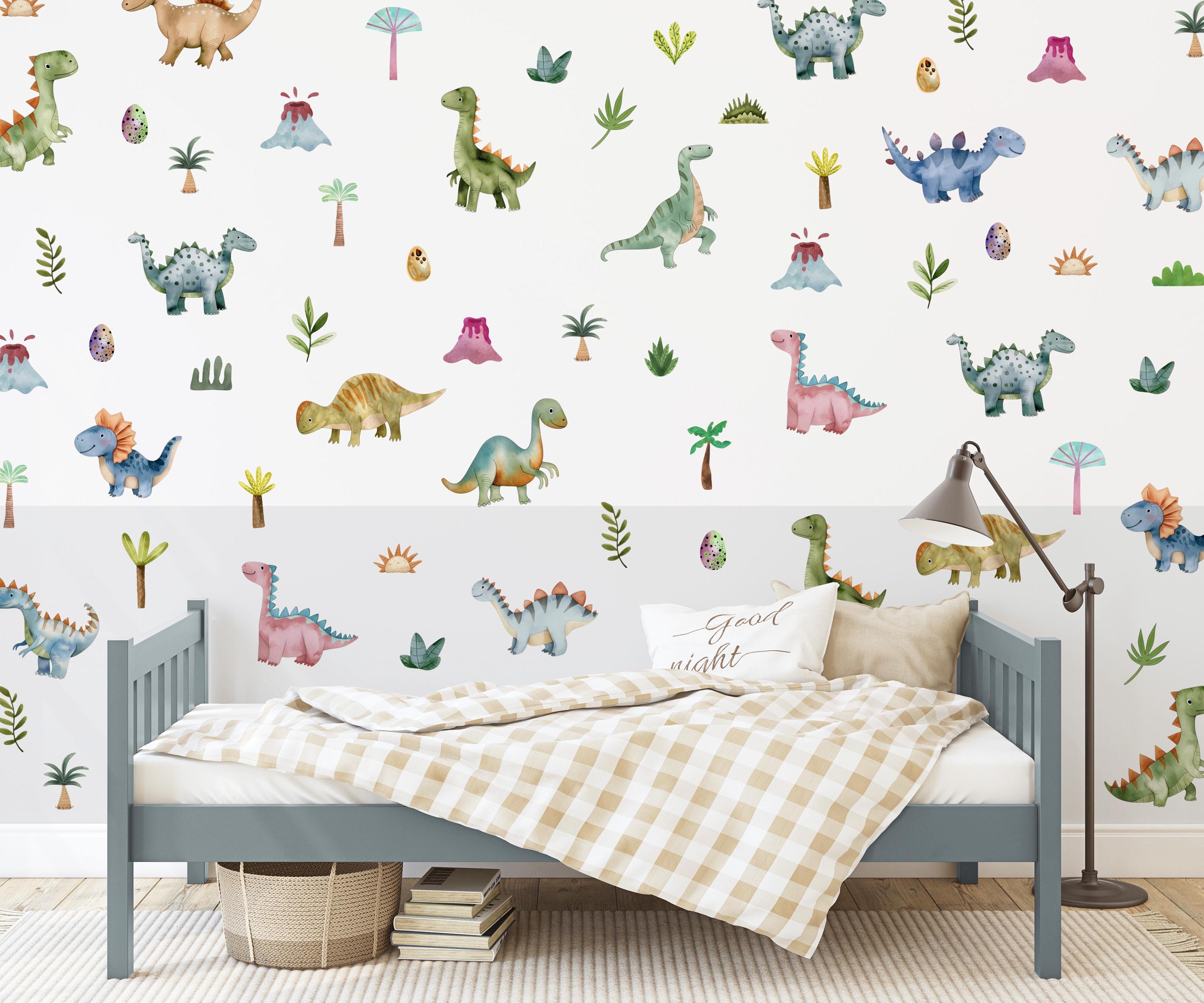 Dinosaur Wall Decals Set – Watercolor Dino Stickers With Butterflies & Flowers For Kids Room - View #6