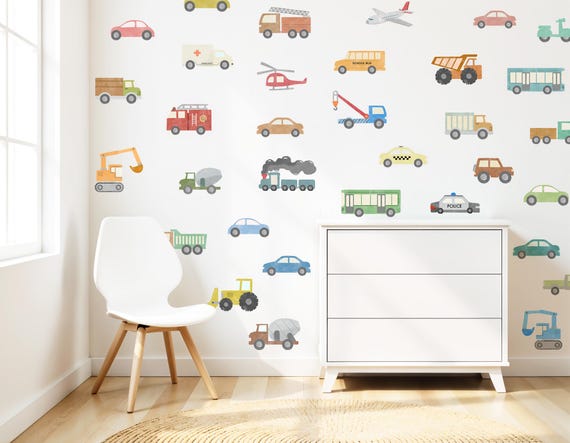 Watercolor Transportation Vehicles Decal, Boy's Room Decor, Nursery Cars Decal, Cars and Truck Decal, Peel and Stick, Kids Decals, Wall Art