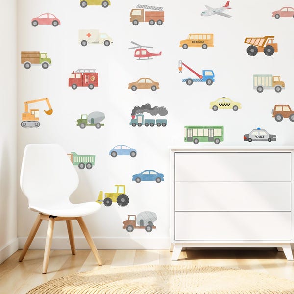 Watercolor Transportation Vehicles Decal, Boy's Room Decor, Nursery Cars Decal, Cars and Truck Decal, Peel and Stick, Kids Decals, Wall Art