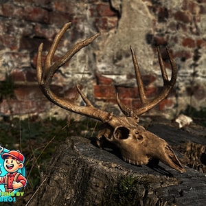 May include: A deer skull with large antlers rests on a weathered tree stump. The skull is a light brown color, and the antlers are a darker shade of brown. The background features a brick wall and some greenery. The image has a rustic, outdoorsy feel.
