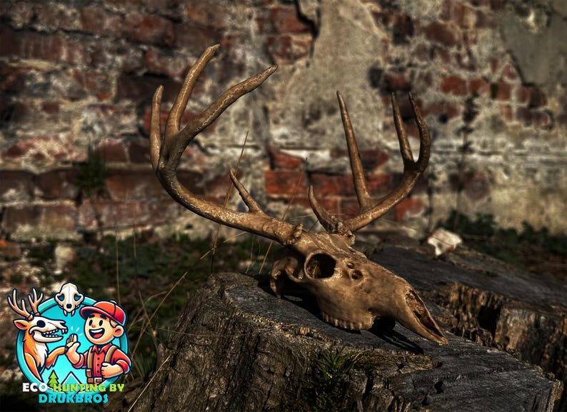 May include: A deer skull with large antlers rests on a weathered tree stump. The skull is a light brown color, and the antlers are a darker shade of brown. The background features a brick wall and some greenery. The image has a rustic, outdoorsy feel.