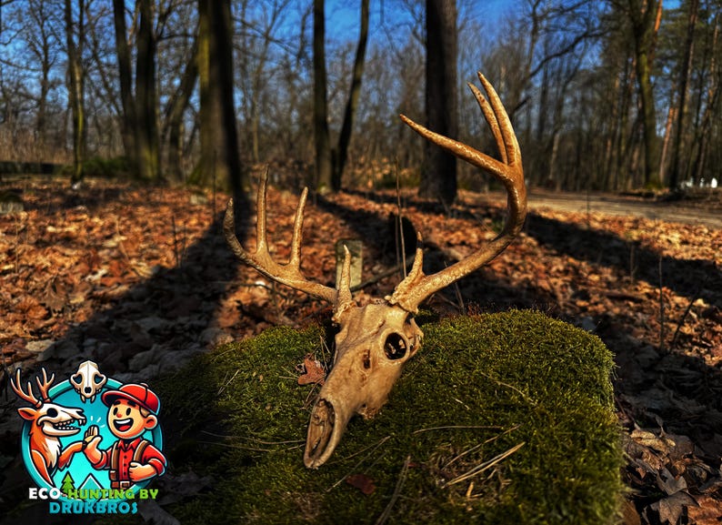 May include: A deer skull with large antlers rests on a moss-covered surface in a forest setting. The skull is light brown, and the antlers are a darker shade of brown. The background features trees and fallen leaves.
