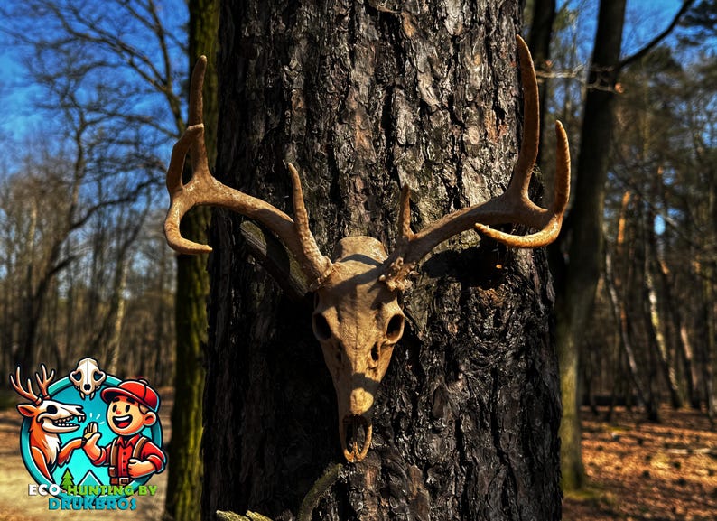 May include: A deer skull with large antlers is mounted on a tree trunk. The skull is a light tan color, and the antlers are a darker brown. The tree trunk is dark brown and textured. The background shows a forest with a blue sky.