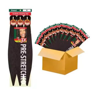 Puede incluir: Una caja de 18 paquetes de pelo sintético para trenzas preestirado. Cada paquete está etiquetado con "Brand 3X Pre-Stretched Braid 52".