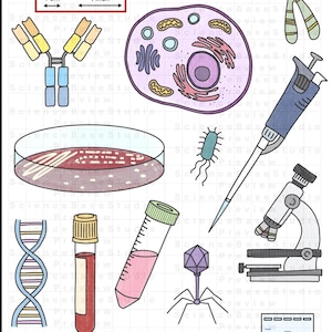 May include: A collection of science-themed illustrations, including cells, a microscope, DNA, and a petri dish. The image includes the text "Full Pack" and a 1-inch measurement indicator.
