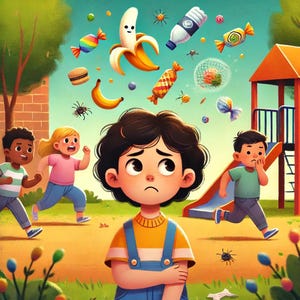 以下が含まれることがあります： 遊び場で遊ぶ4人の子供たちの漫画のイラスト。茶色の髪の女の子は、バナナ、キャンディー、水筒、クモなど、さまざまな物に囲まれています。女の子は心配そうな表情をしています。他の子供たちは彼女から逃げ出しています。