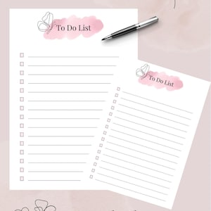 Könnte beinhalten: Zwei druckbare To-Do-Listen mit einem rosa Aquarell-Schmetterlingsdesign und dem Text "To Do List".
