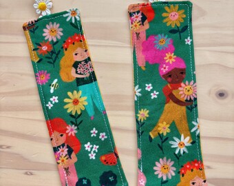 Fabric bookmark in whimsical prints.