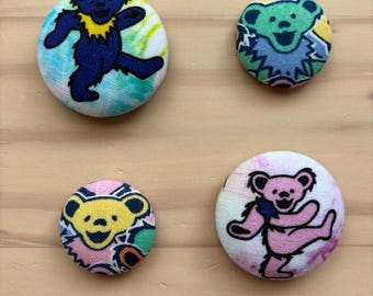 Grateful Dead and Beatles fabric button magnets, Dancing Bears, tie-dye design, Hey Jude.