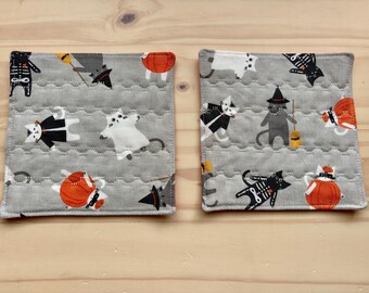 Halloween Kitty quilted coasters. Set of 2. Halloween coasters.