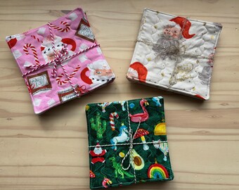Christmas quilted coaster set. Santa Claus, fun baubles set of 4.