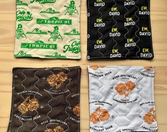 Schitt’s Creek quilted coasters. Set of 4. Rose Apothecary, Cafe Tropical, Ew David coasters.