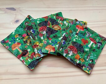 Quilted coaster set featuring beautiful Nathalie Lété prints. Whimsical mushrooms and florals. Set of 4.