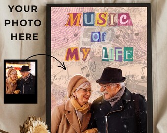 May include: A personalized photo print with a vintage-style design featuring the text "Music of My Life" in colorful letters. The print features a couple in a winter setting, with a space for a photo to be added.