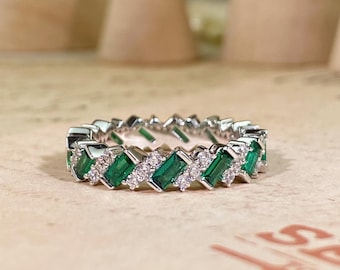 925er Silber Geometrischer Smaragd Zirkonia Ring mit weißem CZ, Schmuck Geschenk für Sie