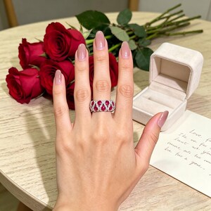 Jubileumring Ruby Band Zilver Rode Edelsteen Romantisch Cadeau Sieraden