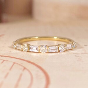 Gold Wedding Band 14K 18K Round Baguette Diamond Stacking Ring Heirloom Fine Jewelry Gift