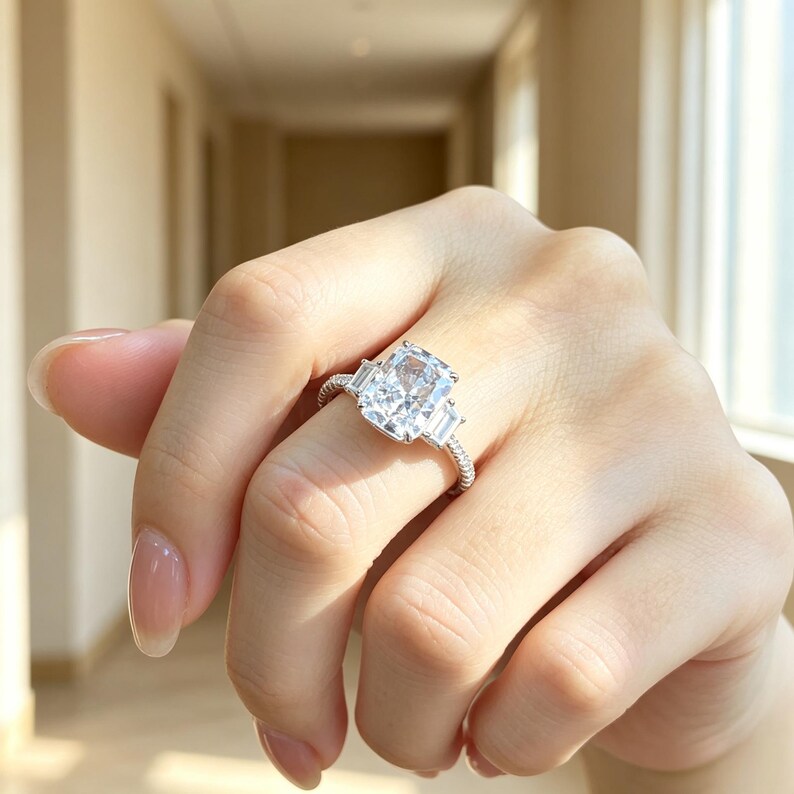 May include: A silver-toned ring featuring a large, rectangular radiant-cut center stone flanked by two smaller, rectangular baguette-cut side stones. The band has a textured, beaded surface, and the setting is crafted from a polished metal.