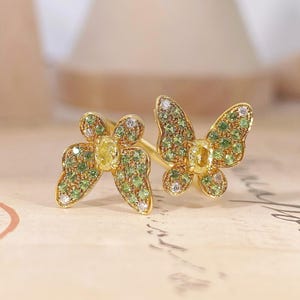 Dainty Handmade 14/18K Butterfly Gold Custom Ring,Art Nouveau Women&#39;s Birthday Engagement Ring Gift-0.25ct Diamonds,0.061ct Accent Stones